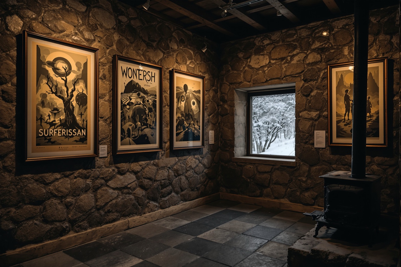 雪の森を望む冬の展示室に並ぶ幻想的な作品