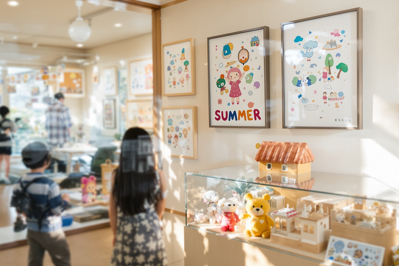 原画と手作りぬいぐるみ、模型が並ぶ夏の展示室